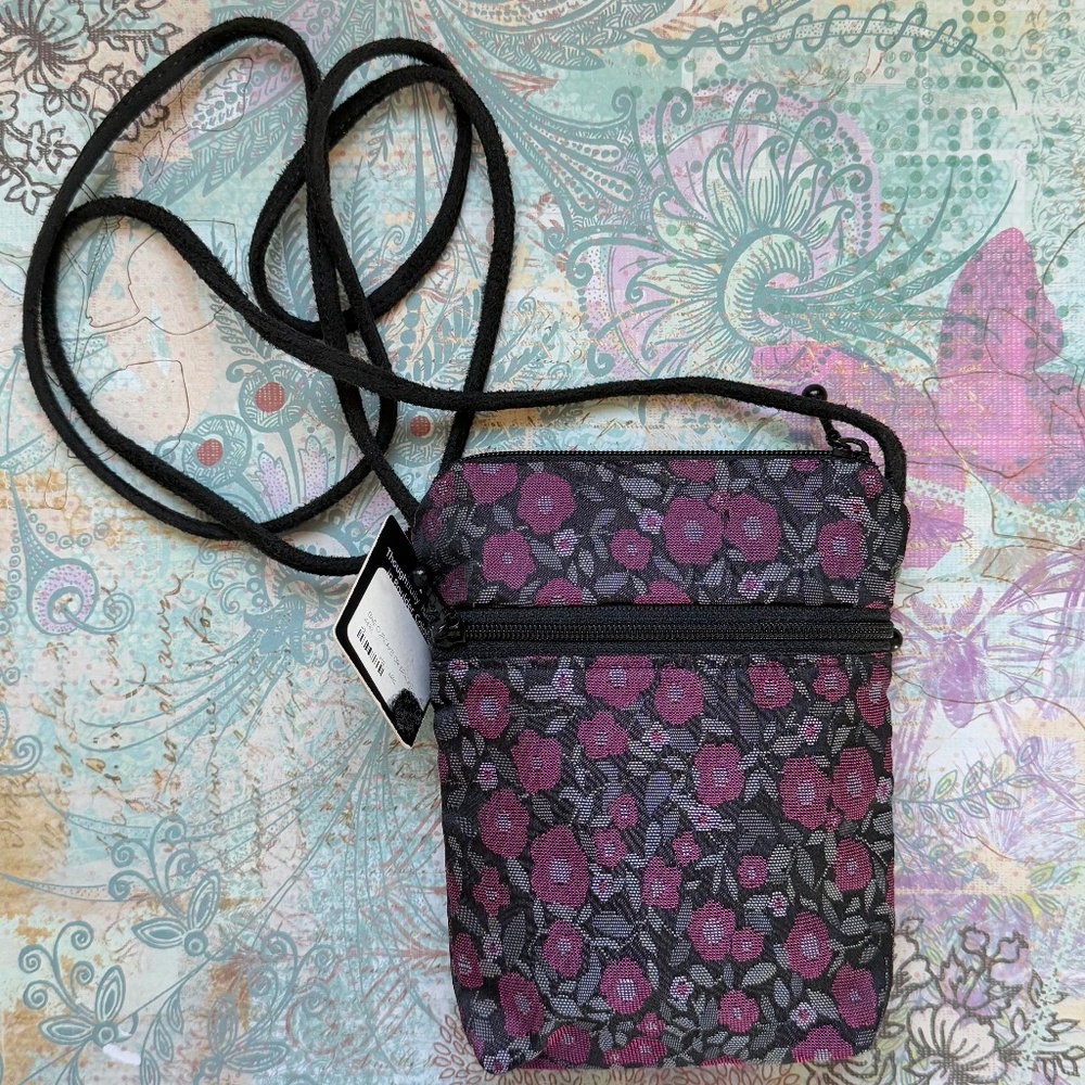 HANDMADE MARUCA Bag Small Crossbody Floral Berry Black Fabric Suede Bohemian - Picture 3 of 4